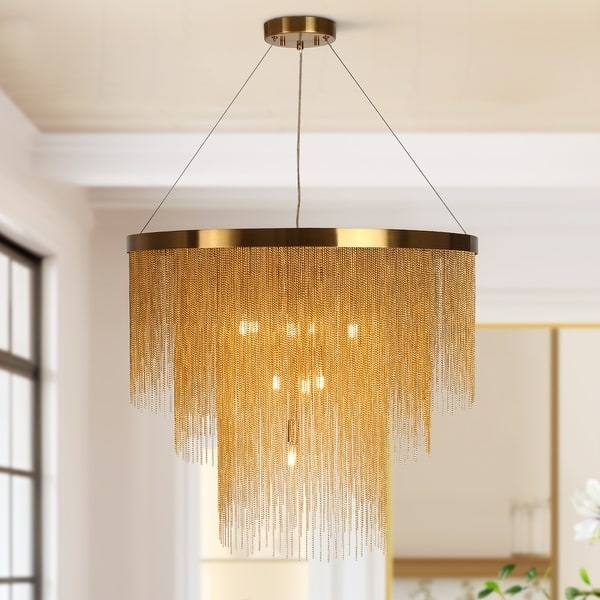 Chandelier Tiered Silhouette Gold Chain Fringe Brushed Brass