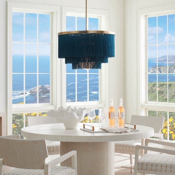 Chandelier Tiered Teal Fringe Gold Metal Band Modern Coastal