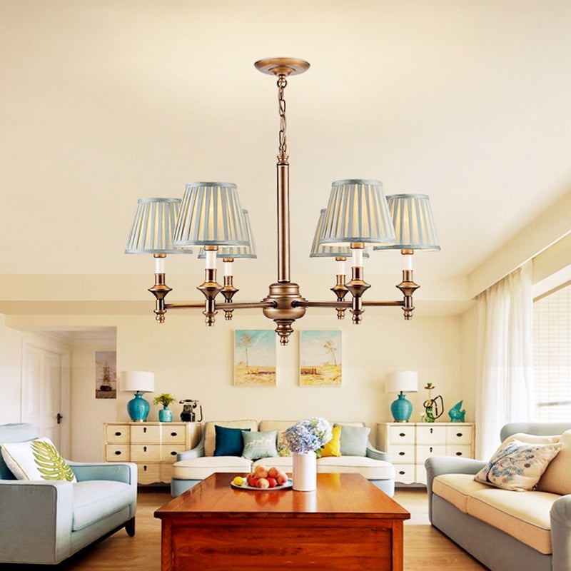 Chandelier With Blue Pleated Shades Antique Brass | Blue Pleated Shade