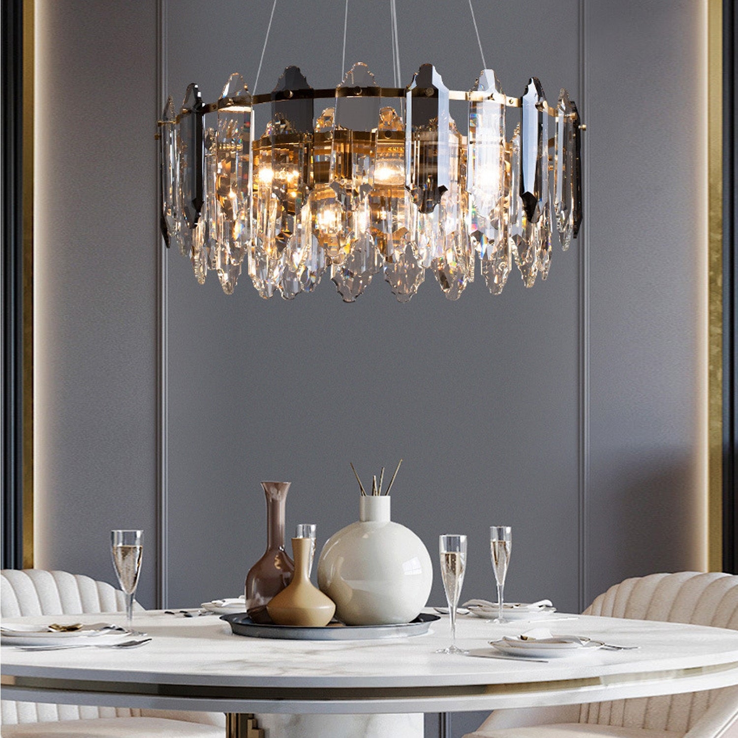 Chandelier With Smoked Glass Accents And Tiered Ring Silhouette