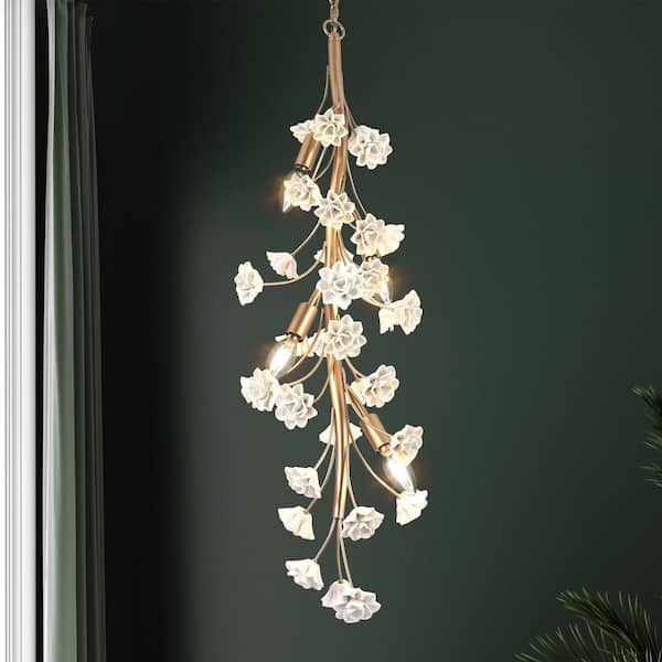 Chandelier with White Ceramic Flowers and Vine Structure