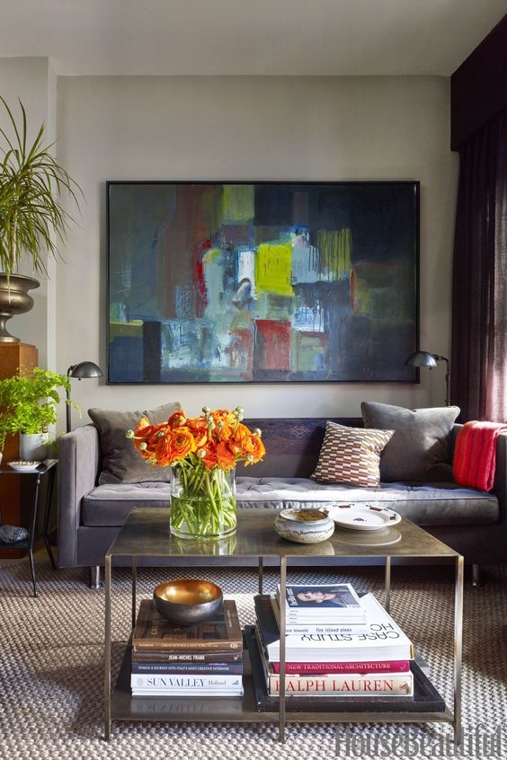 Charcoal Sofa Oversized Abstract Art Brass Table