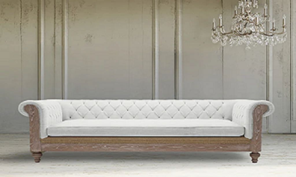 Chesterfield Sofa Carved Wood Base White Tufted Bench