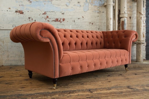 Chesterfield Sofa in Burnt Orange Velvet with Brass Casters