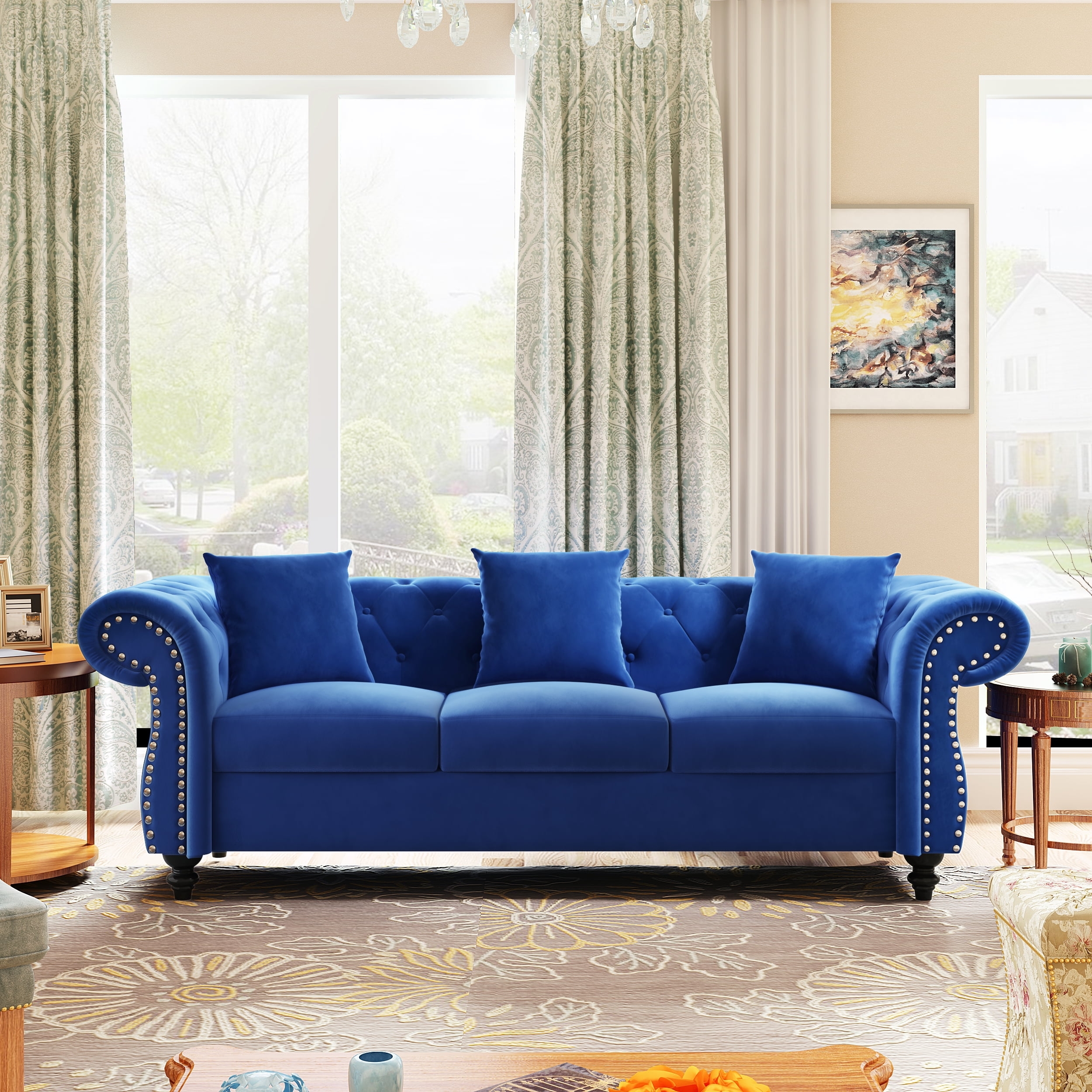Chesterfield Sofa with Deep Button Tufting in Blue