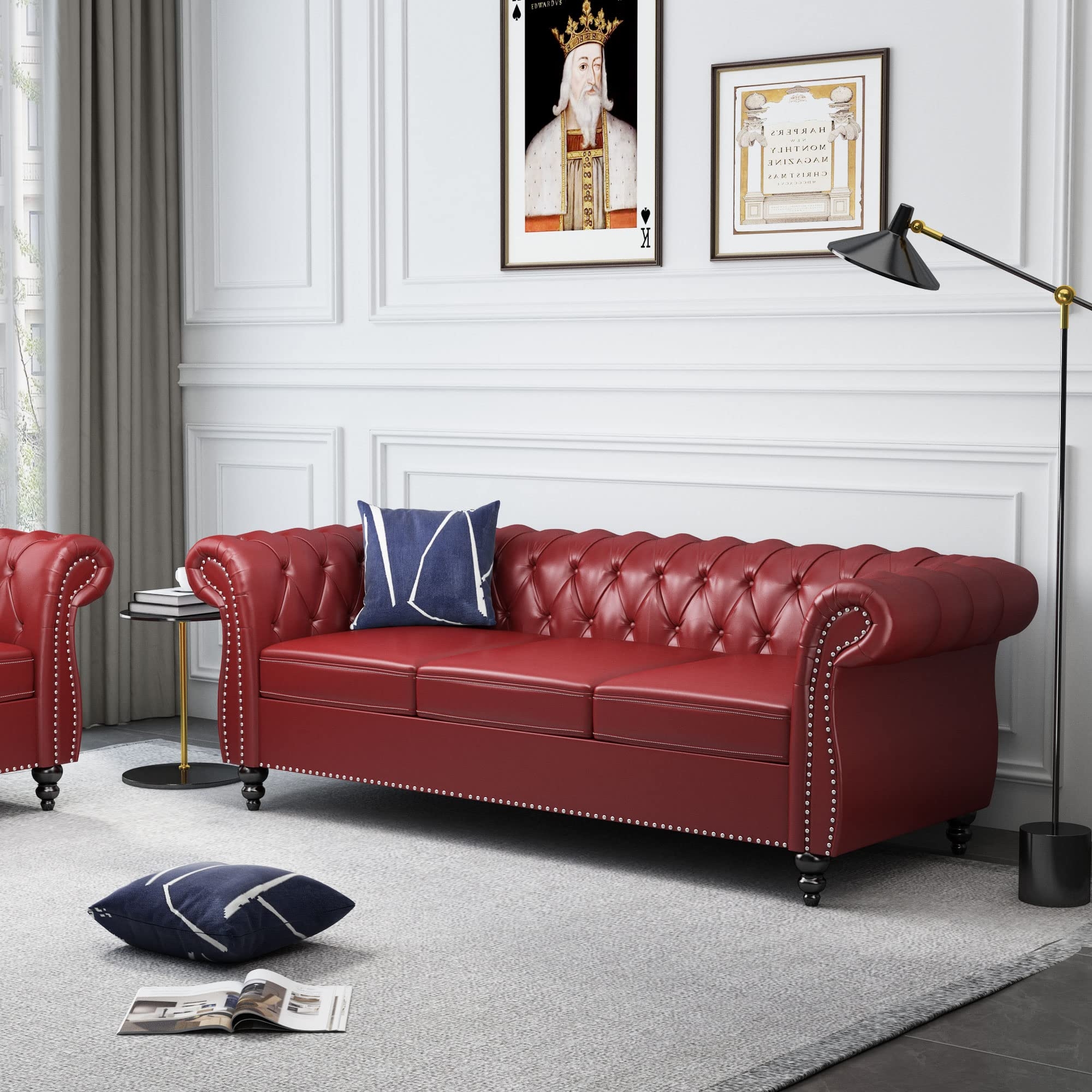Chesterfield Sofa with Silver Nailhead Trim Tufted Leather Couch Red