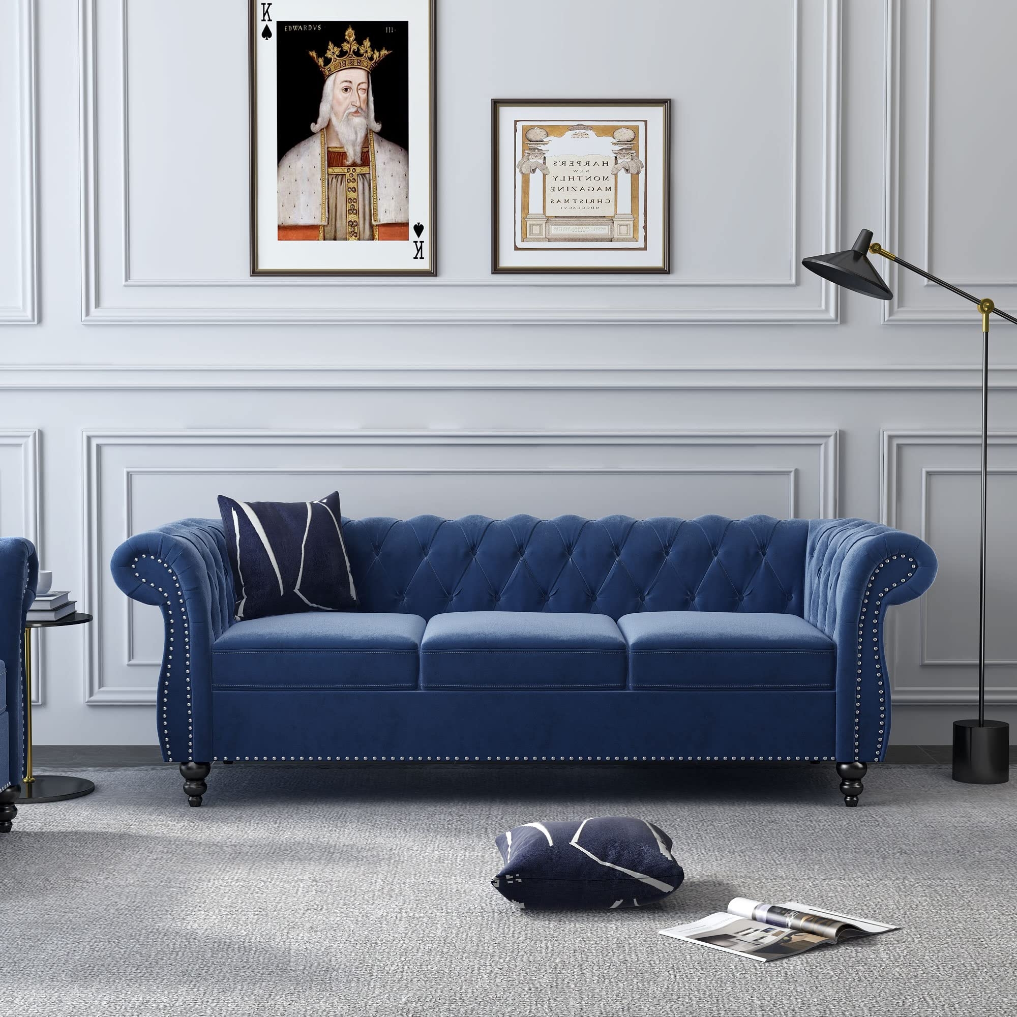 Chesterfield Sofa with Tufted Back in Navy Blue Velvet
