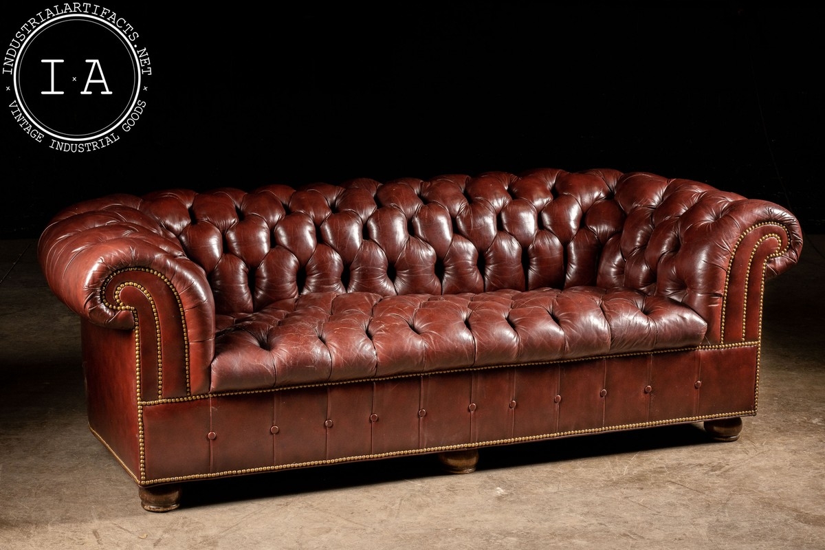 Chesterfield Sofa with Tufted Seat and Antique Red Leather Couch