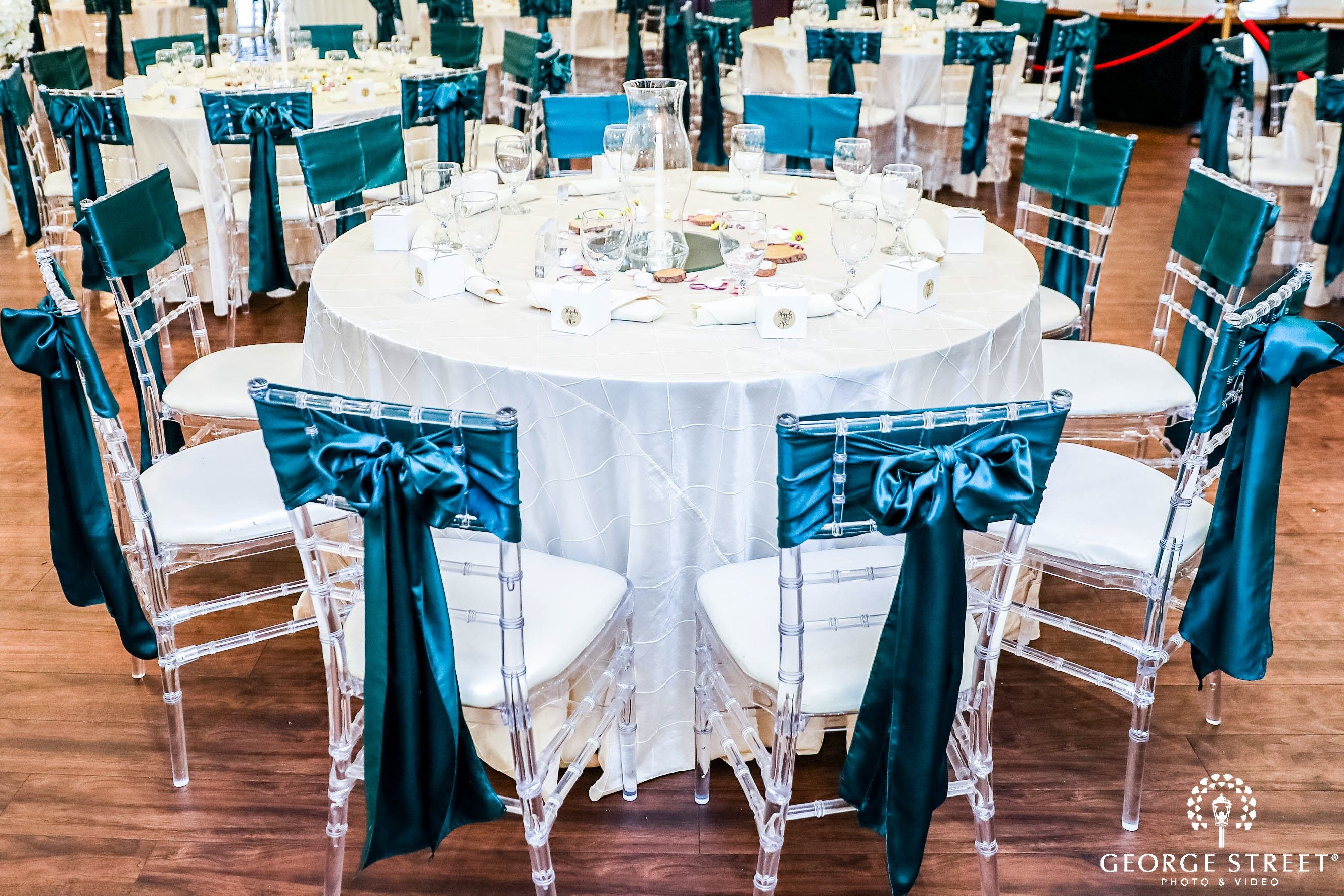 Chiavari Chair Clear Acrylic with Teal Satin Sashes