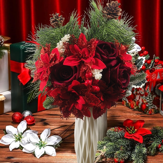 Christmas Bouquet: Glitter Poinsettias and Burgundy Roses Vase