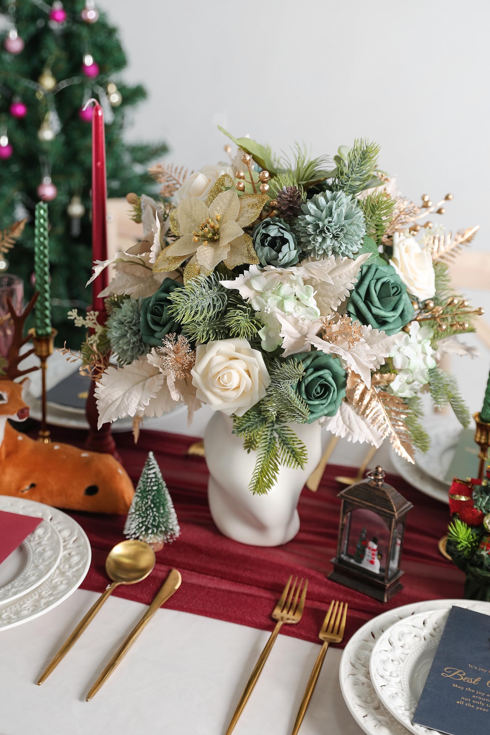 Christmas Floral Arrangement: Emerald Roses in Organic Vase