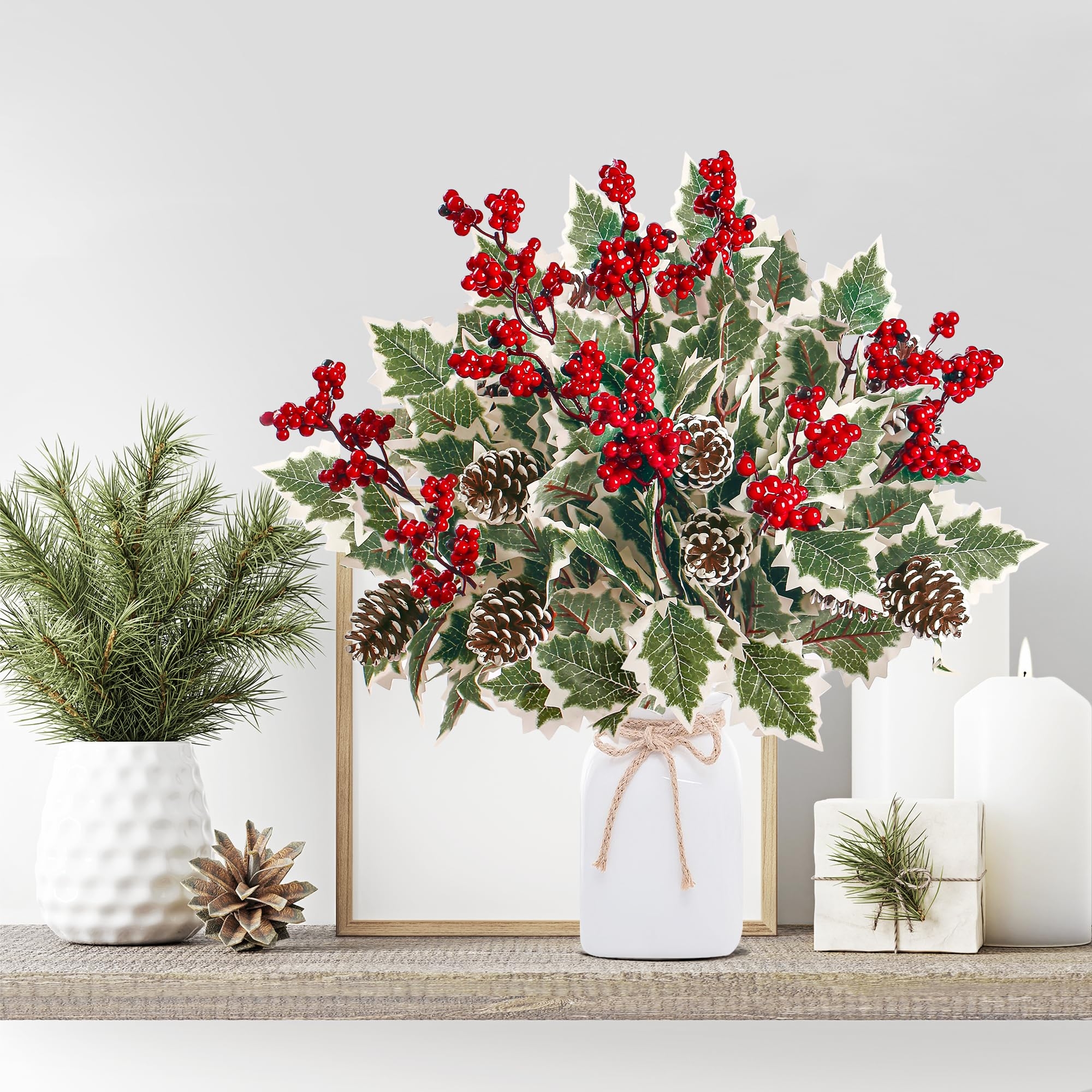 Christmas Floral Arrangement: Variegated Leaves and Holly Berries
