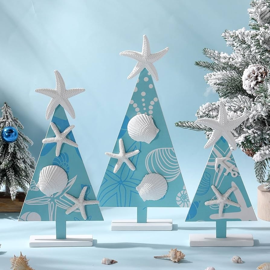 Christmas Tree Decor with Seashell Tabletop Trees and Anchors