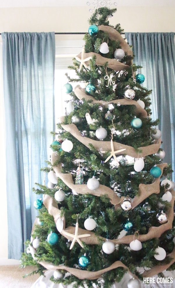 Christmas Tree in Aqua Silver Palette with Burlap Garland
