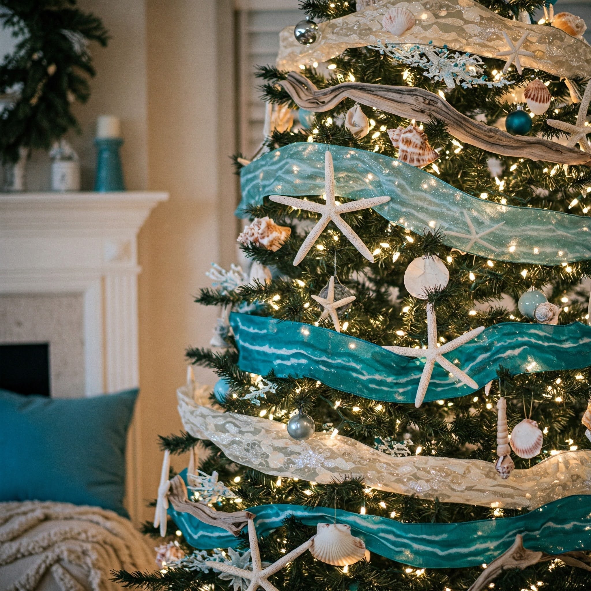 Christmas Tree in Seafoam Blue with Mesh Ribbon and Driftwood