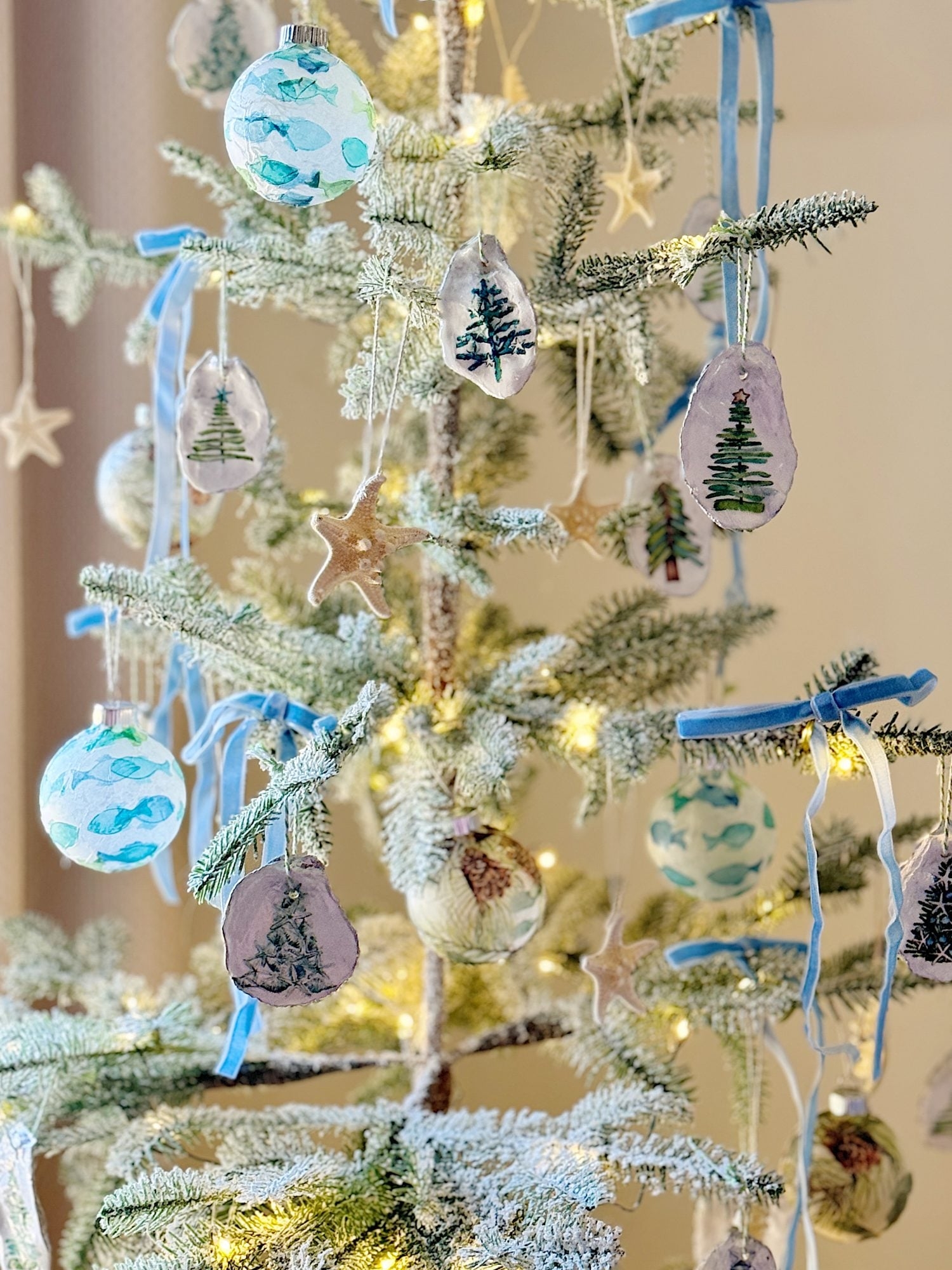 Christmas Tree Ornaments with Hand Painted Shells and Ribbon