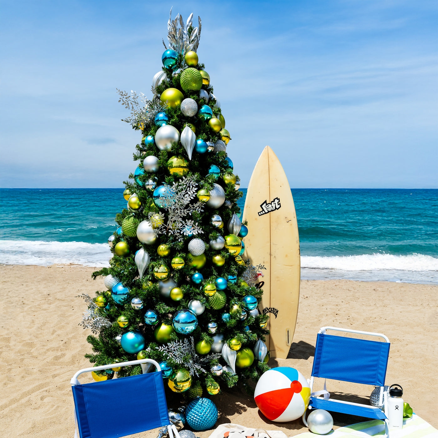 Christmas Tree using Teal and Lime Ornaments for Tropical Fun