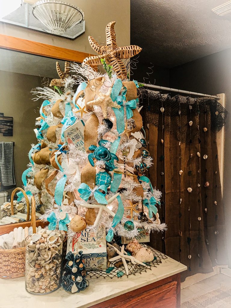 Christmas Tree with White Branches and Teal Sea Turtles