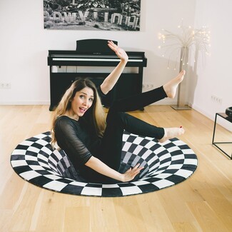 Circular Area Rug: 3D Vortex Effect Checkerboard Art