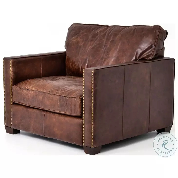 Club Chair with Boxy Silhouette and Brass Nailheads