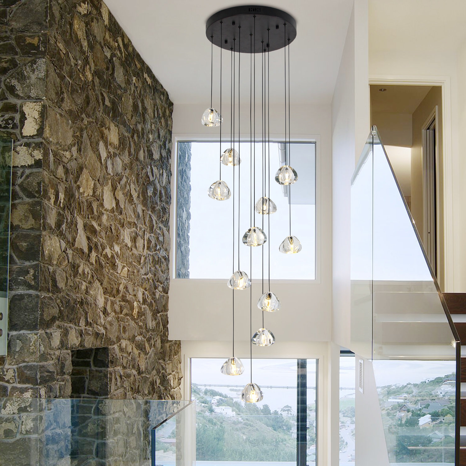 Cluster Chandelier Black Base Organic Glass Stairwell Light
