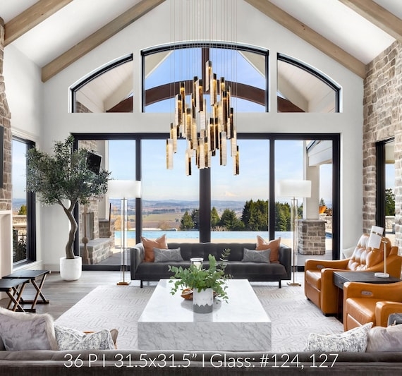 Cluster Chandelier Vertical Glass Rods High Ceiling Light
