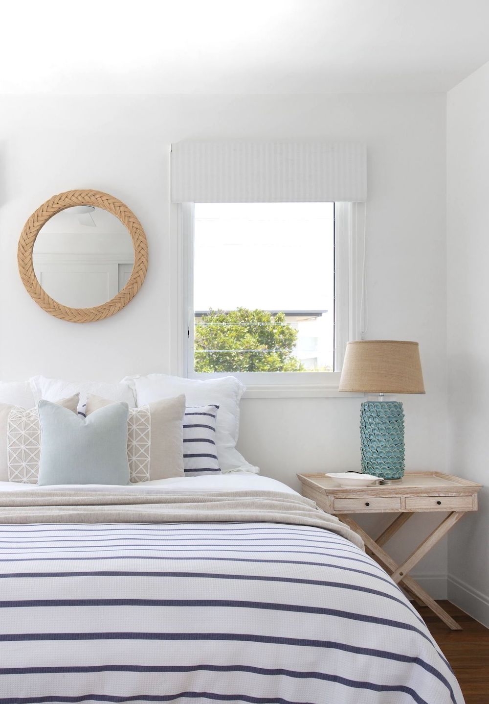 Coastal Bedding with Horizontal Stripes and Seafoam Aqua Table Lamp