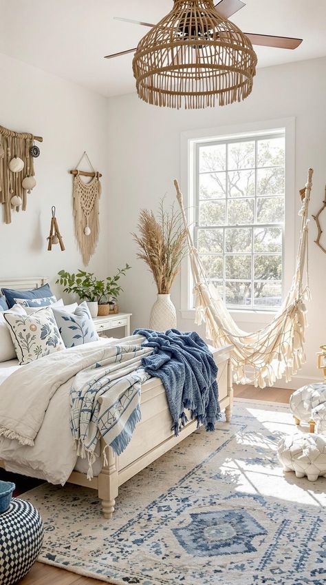 Coastal Bedroom with Hanging Macrame Chair and Woven Rattan Fan