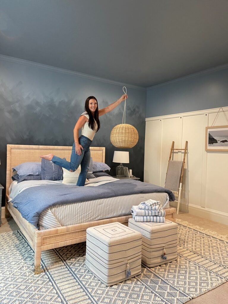 Coastal Bedroom with Rattan Bed Frame and Ombre Walls