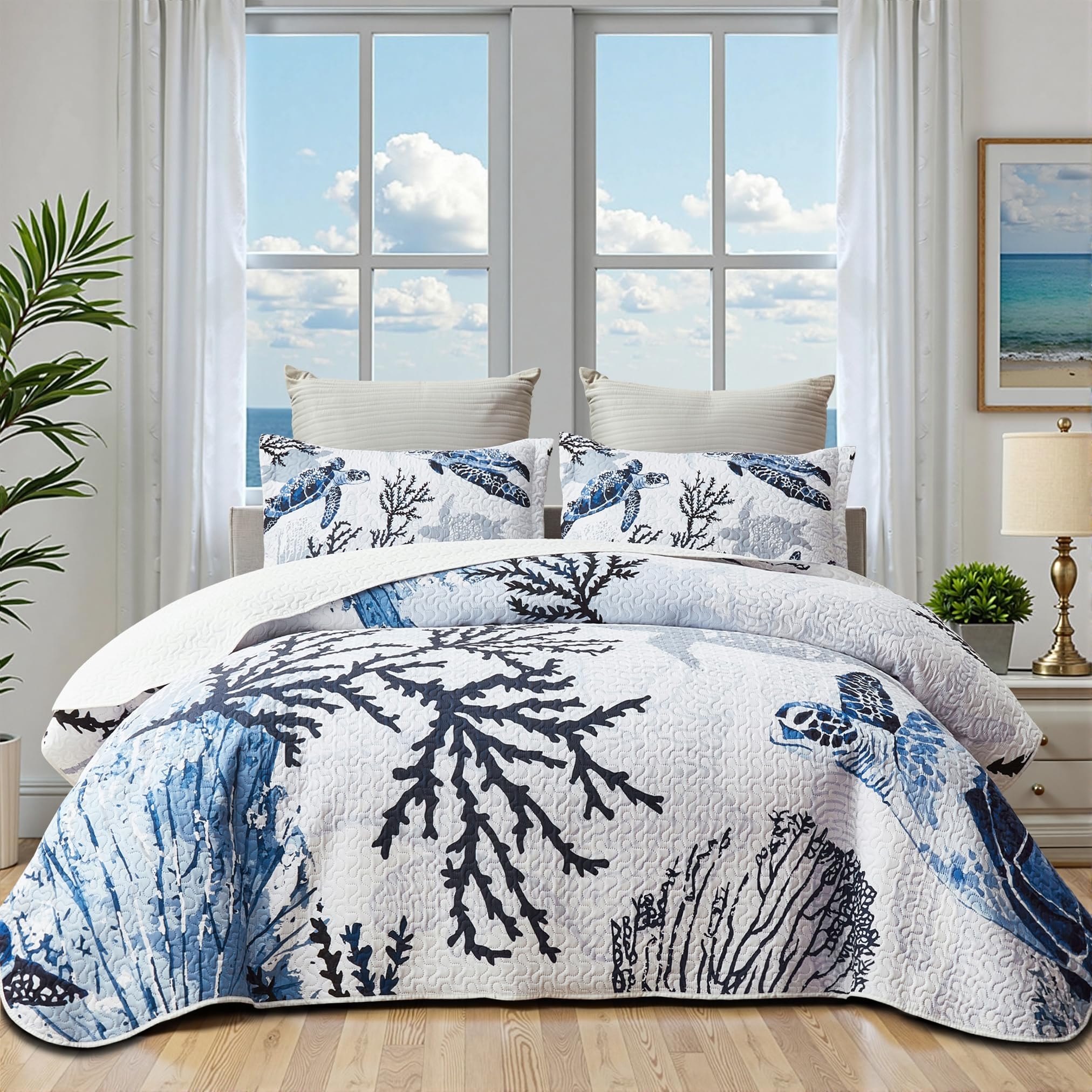 Coastal Quilt Set Sea Turtle Print Blue Coral Pattern
