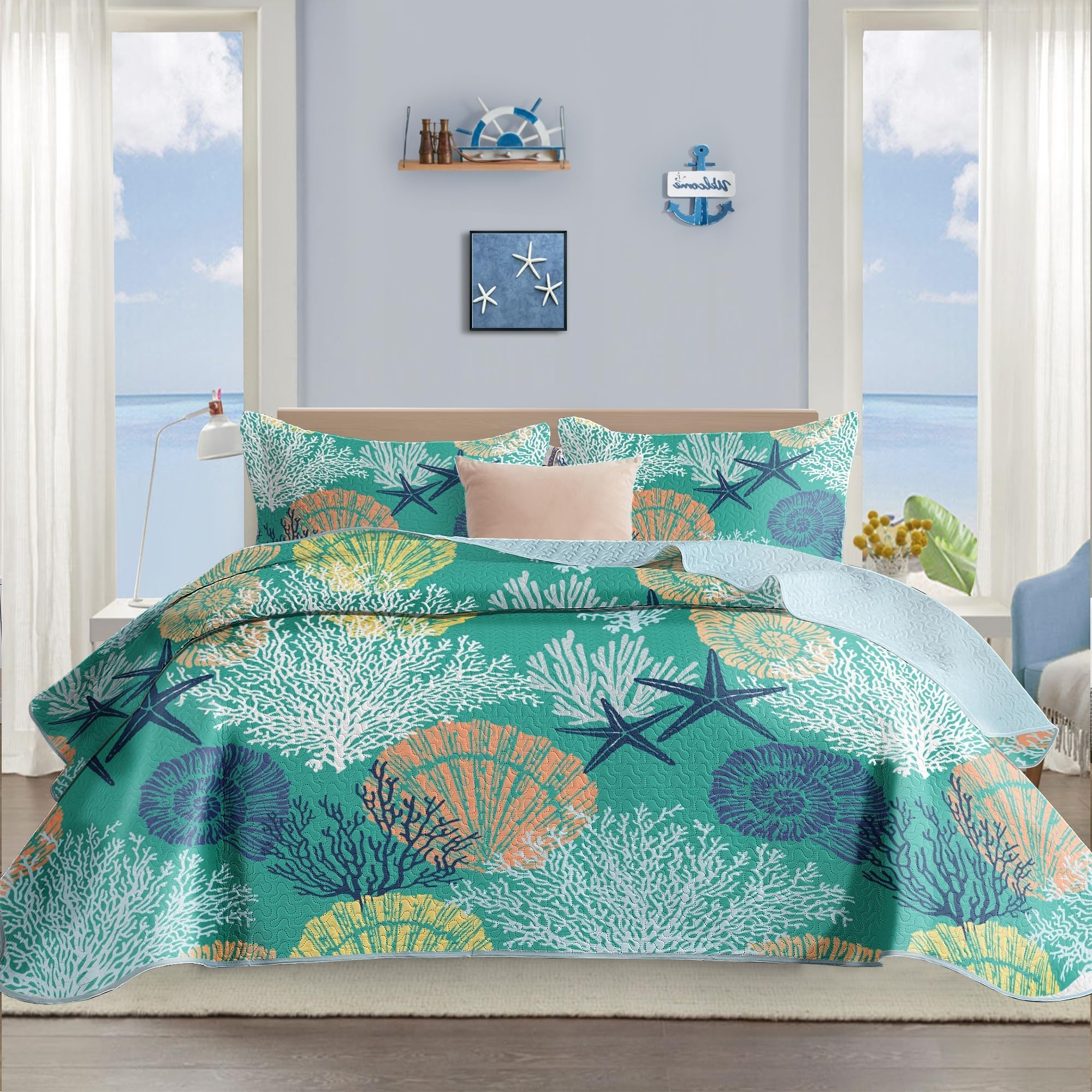 Coastal Quilt Set Teal White Coral Starfish Pattern