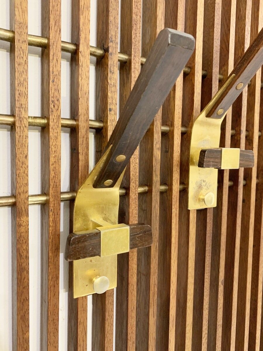 Coat Rack Slatted Backboard with Dual Tiered Brass Hooks