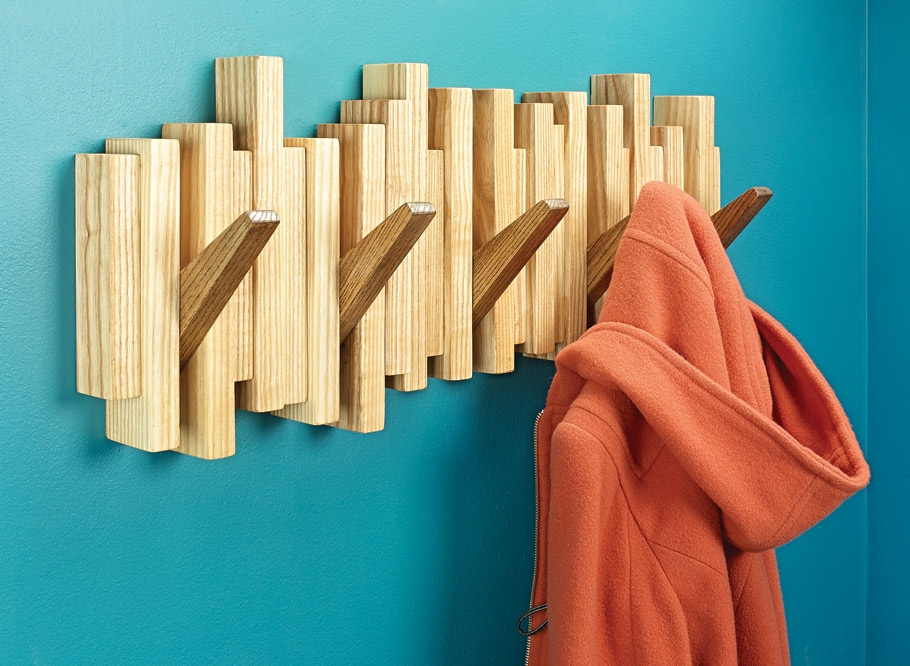 Coat Rack with Flip Down Hooks and Staggered Slats