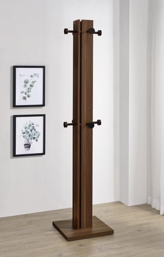 Coat Rack with Four Pillar Post and Walnut Brown Hooks