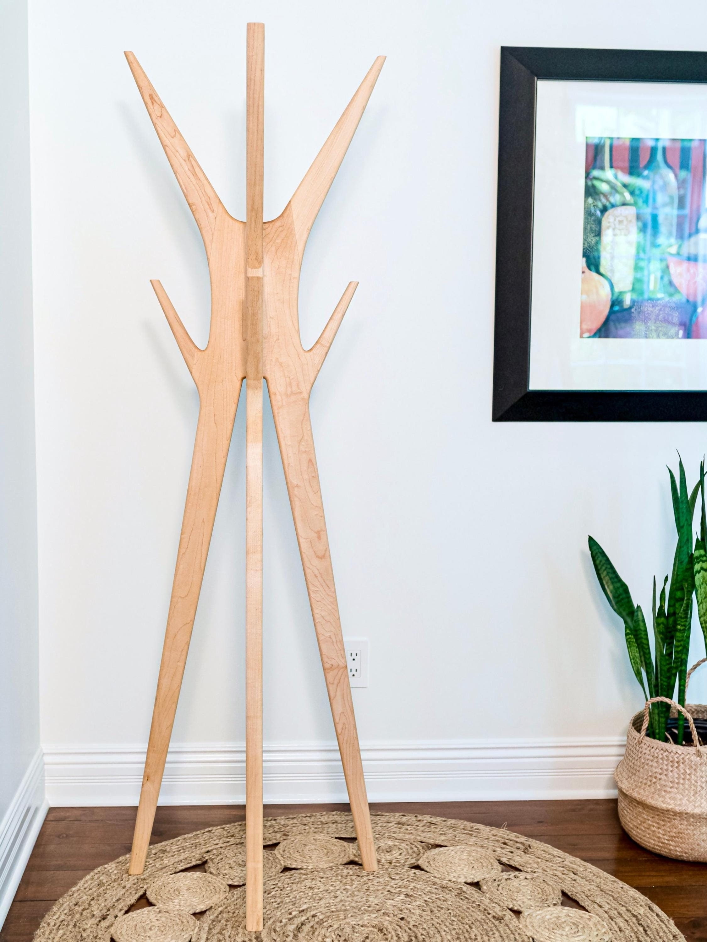 Coat Rack with Light Maple Sculptural Branches and Tripod