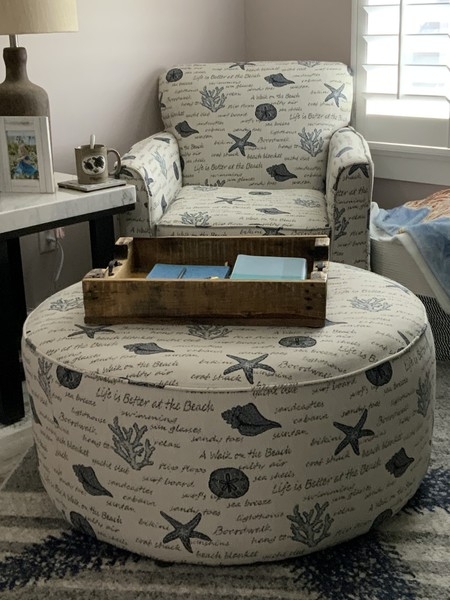Cocktail Ottoman Nautical Print Round Drum Shape Marine Blue