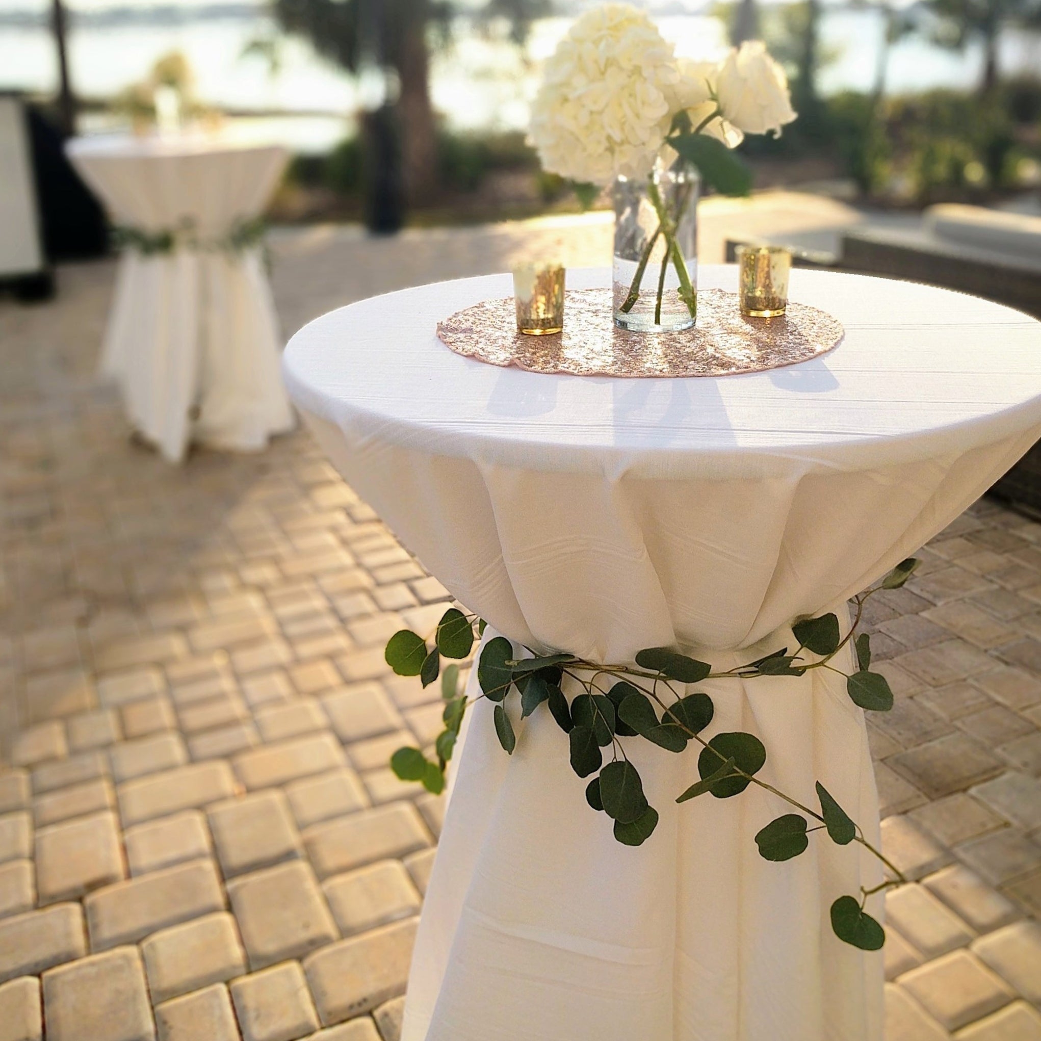 Cocktail Table with Eucalyptus Cinch and Rose Gold Sequin Centerpiece