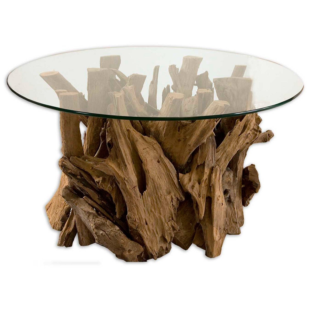 Cocktail Table with Sculptural Wood Base and Nautical Glass Top Table