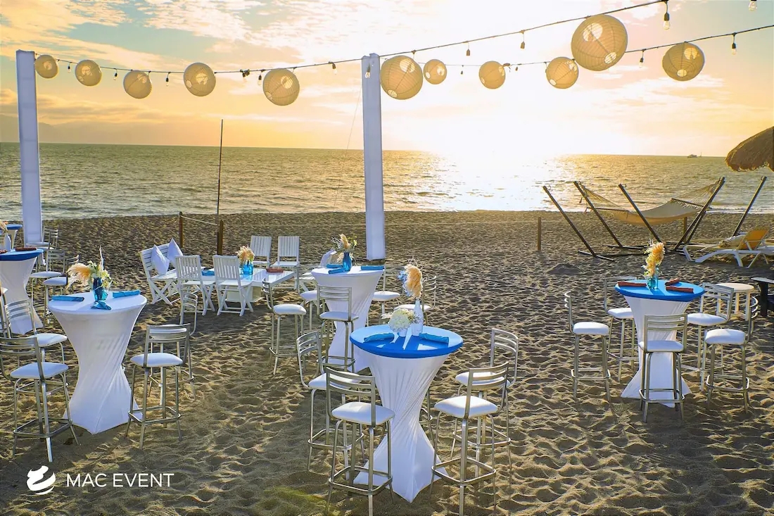 Cocktail Table with Spandex Cover for Coastal Wedding Lounge Setup