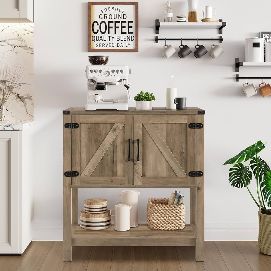 Coffee Bar Cabinet Barn Style Doors Open Shelf Farmhouse Cabinet