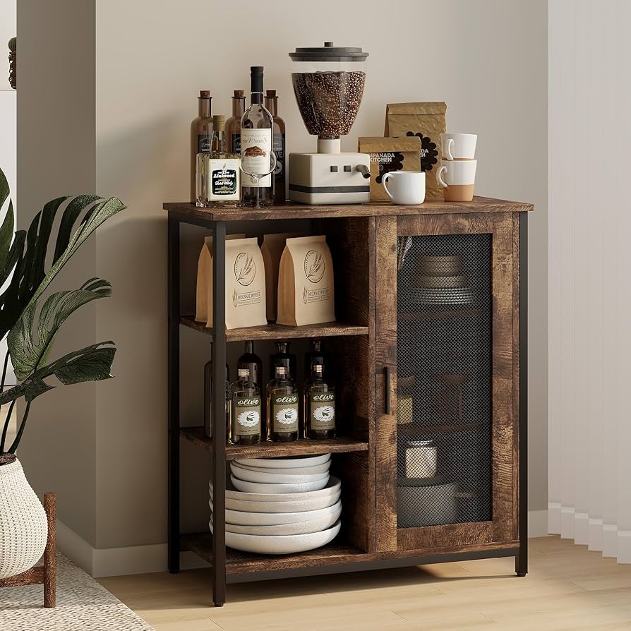 Coffee Bar Cabinet Compact Frame Industrial Mesh Unit