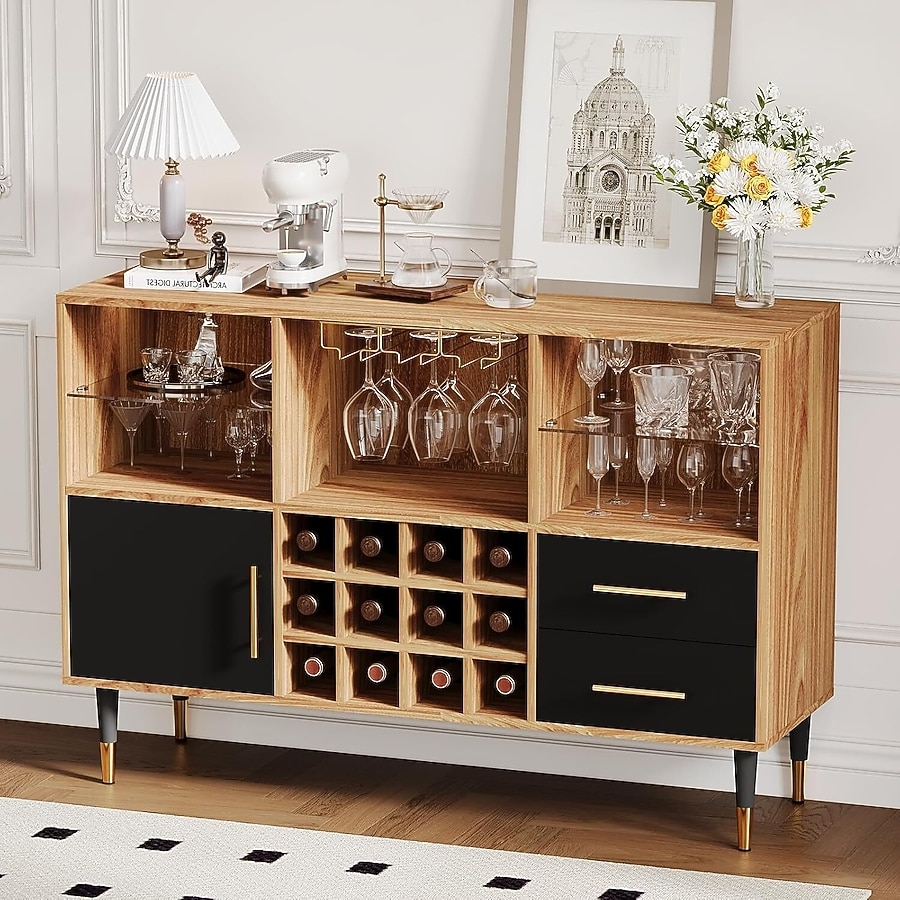 Coffee Bar Cabinet Mid Century 12 Bottle Wine Rack Set