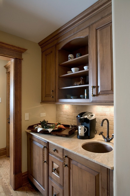 Coffee Bar Cabinetry Recessed Hammered Sink Travertine