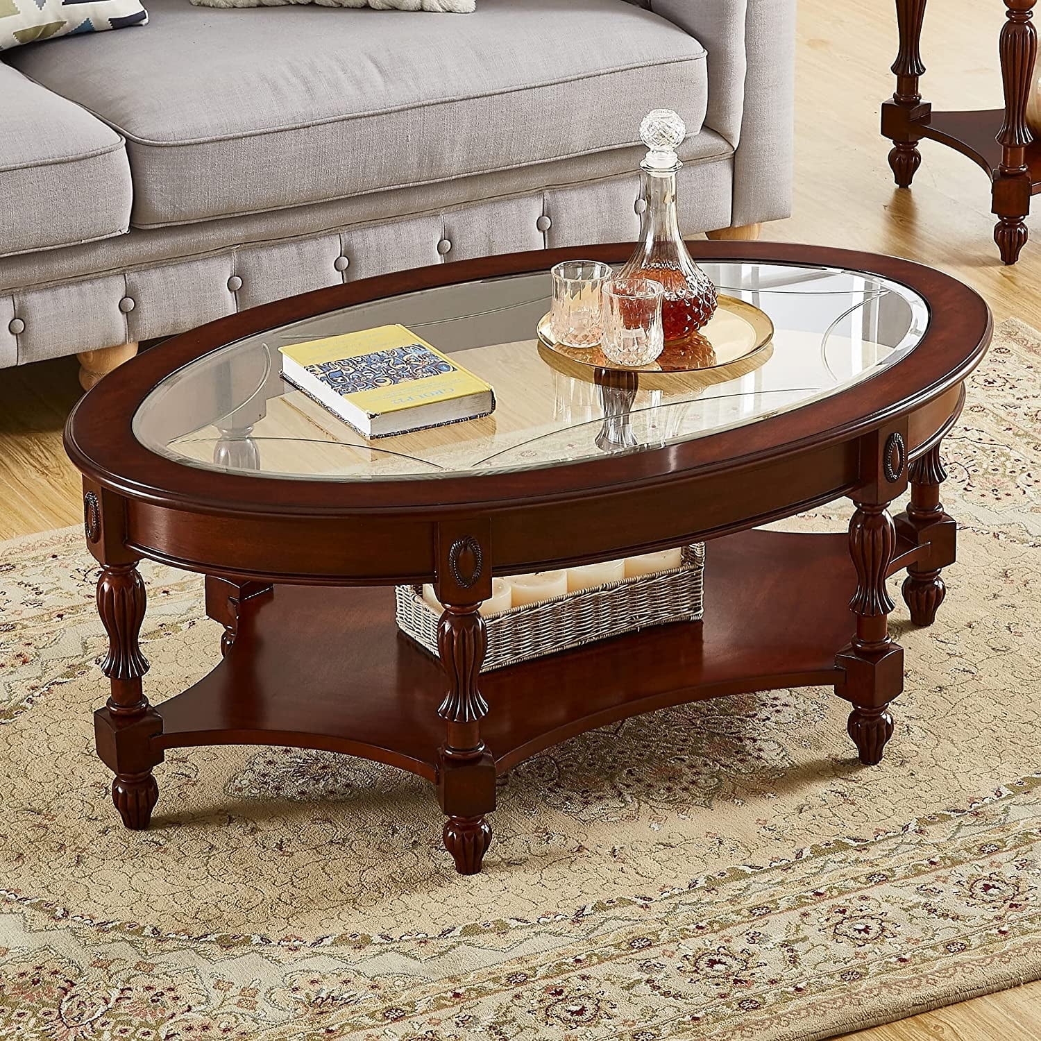 Coffee Table 2-Tier Design Oval Glass in Dark Brown