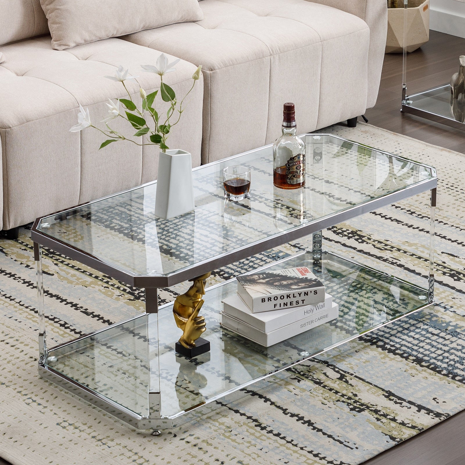 Coffee Table Acrylic Legs Clipped Corner Top Silver Chrome