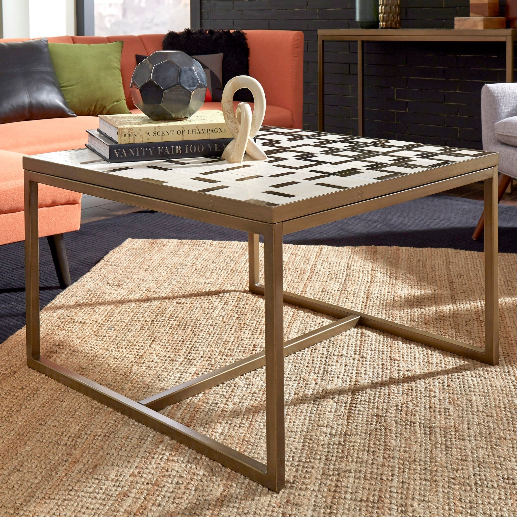 Coffee Table Antique Gold Frame Geometric Mosaic Top