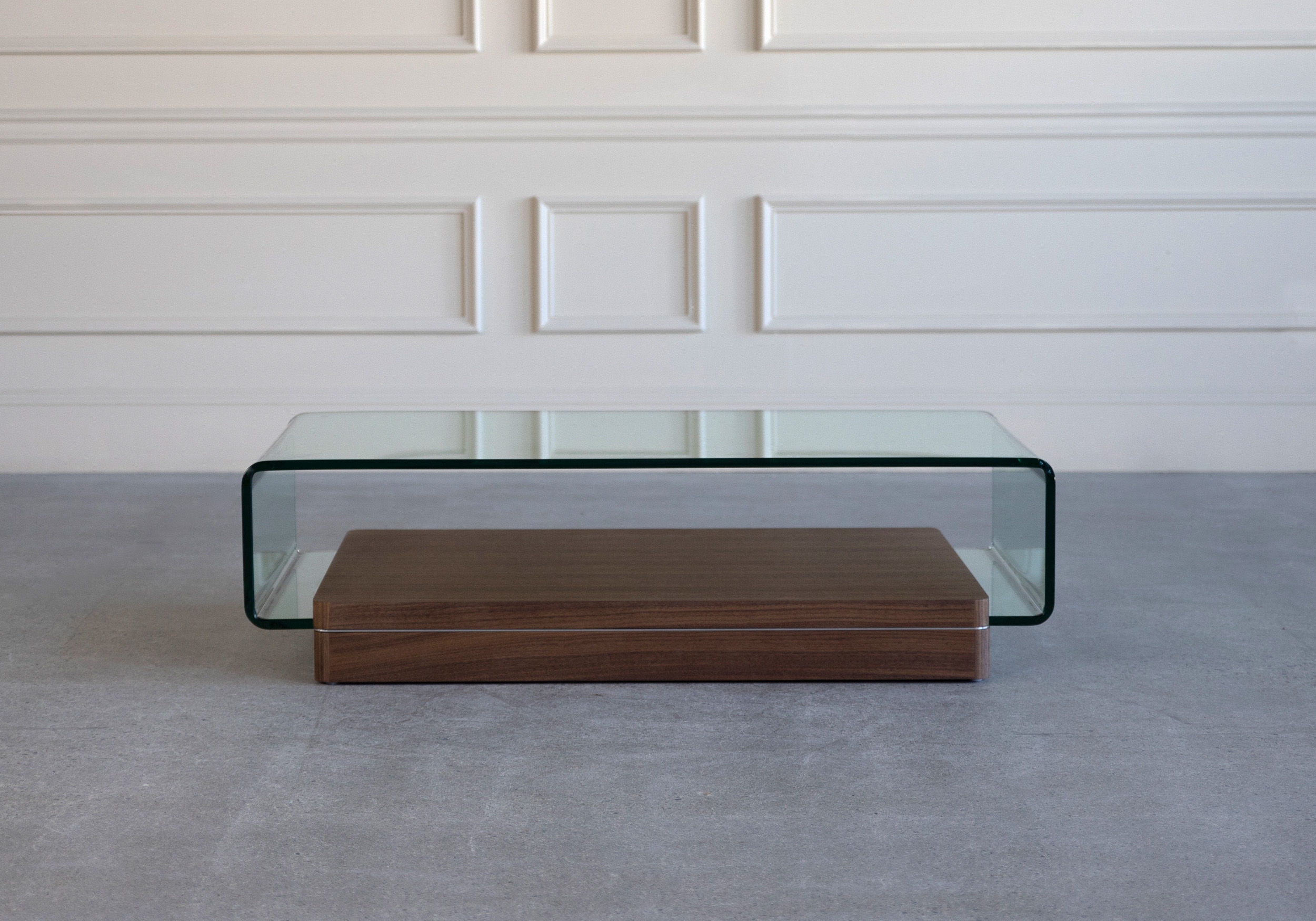 Coffee Table Bent Glass and Layered Thick Wood Base