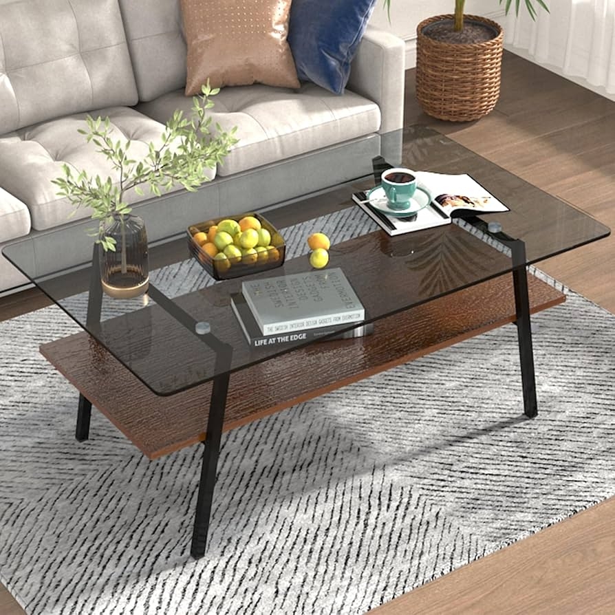 Coffee Table Black Glass Top with Walnut Wood Toned Shelf