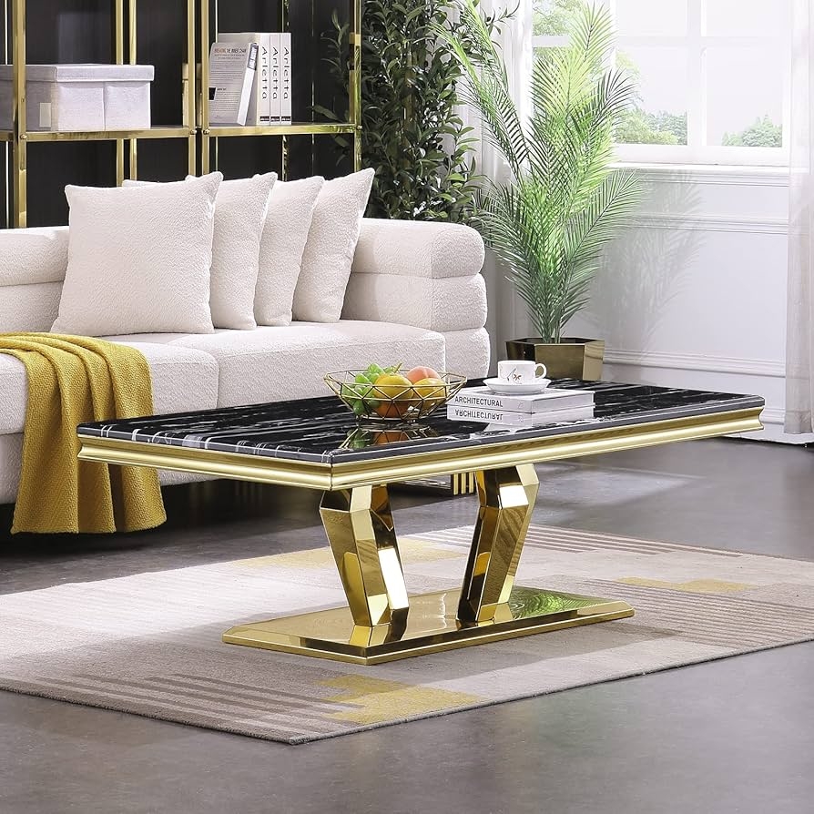 Coffee Table Black Marble Top Geometric Gold Pedestal