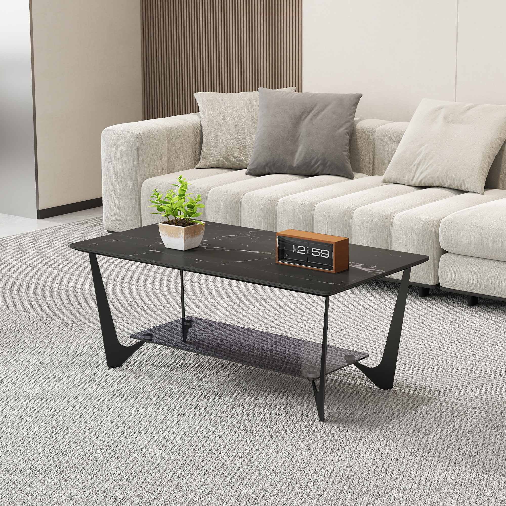 Coffee Table Blade Legs Marbled Stone Top Tiered Design
